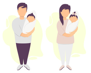 Fototapeta premium Happy parents with a baby. A man and a woman in pants are standing and holding a newborn son and daughter. Vector. set of characters. flat illustration for design, decoration, print, postcards