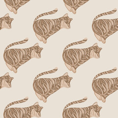 Beige predator cat seamless pattern with simple tiger elements. Light grey background. Doodle print.