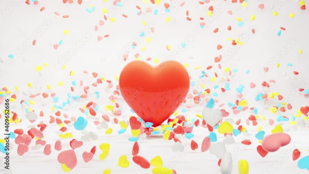 Poster outstanding colorful shape hearts exploding among big red shape heart on white background. 3d animat