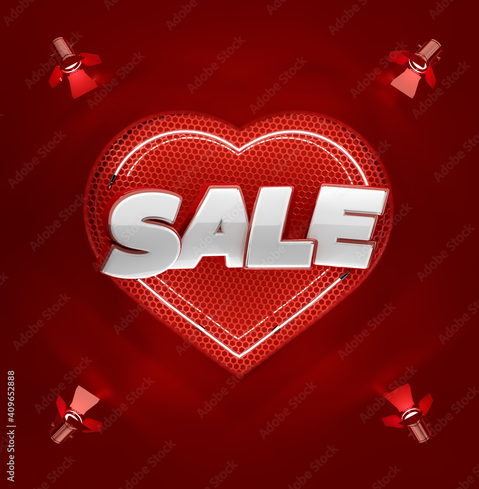 Wall mural symbol sale valentine's day with heart and lights. 3d illustration, 3d art.