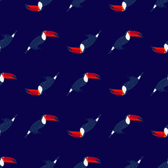 Dark fauna seamless pattern with hand drawn toucan bird ornament. Navy blue background. Zoo print.