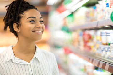Happy Black Female Customer In Supermarket, Woman Doing Grocery Shopping