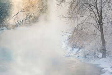 Landscape of snow flocked trees at sunrise along the foggy Kalamazoo River, Michigan, USA 