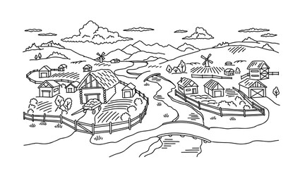 Rural landscape. Village field and the hills. Huts and farm fences. Hand drawn sketch. Countryside. Contour vector line. River and bridge.