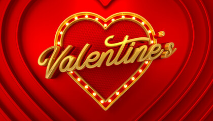 Valentine's day symbol on red background with hearts. Valentine's day logo. Symbol of Valentine's Day. Concept for posters, brochures, banners. 3D illustration, Art 3D.