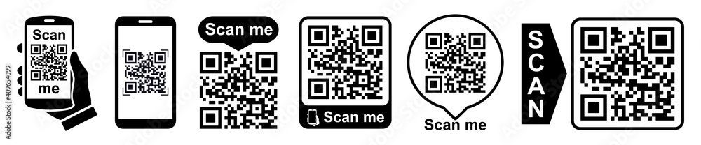 Poster set qr - quick response code, inscription scan me, qr code for smartphone, payment, mobile app scan,