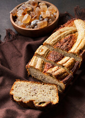 Banana bread on the brown blackground