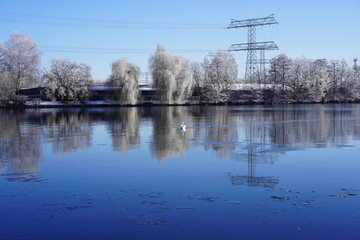 Sonnige winterliche Panoramalandschaft der Spree in Berlin mit Eis, Schnee und Schwan