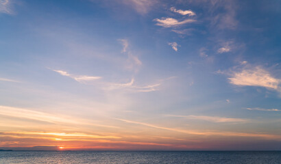 Fototapeta na wymiar Sunset sky over sea in the evening with colorful sunlight cloud, Dusk sky
