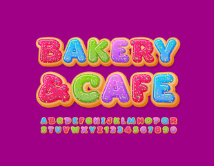 Fototapeta na wymiar Vector sweet logo Bakery and Cafe. Creative colorful Font. Donut Alphabet Letters and Numbers set