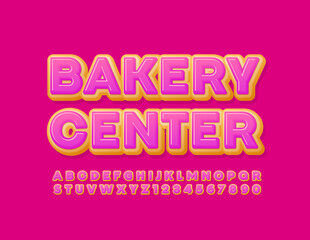Vector sweet sign Bakery Center. Pink glazed Font. Delicious Donut Alphabet Letters and Numbers set