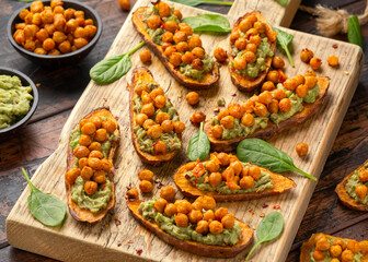 Sweet potato toast loaded with avocado guacamole and baked chickpeas sprinkled with chili flakes served on wooden board