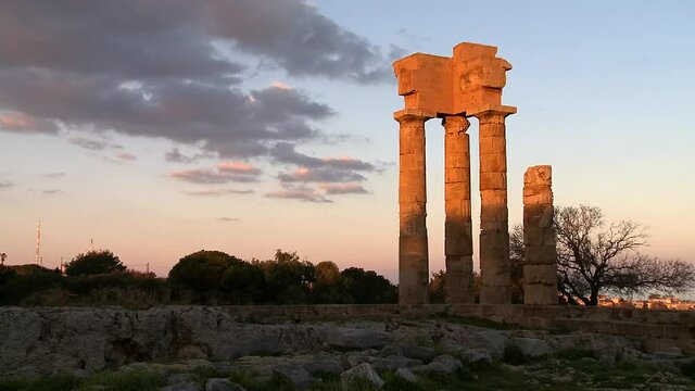 Rhodes Greeece : Time-lapse of Apollo Temple at the Acropolis of Rhodes, Greece as the shadow covers the monument 