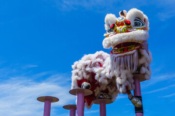 Lion dance and confetti during Chinese New Year celebration - obrazy, fototapety, plakaty