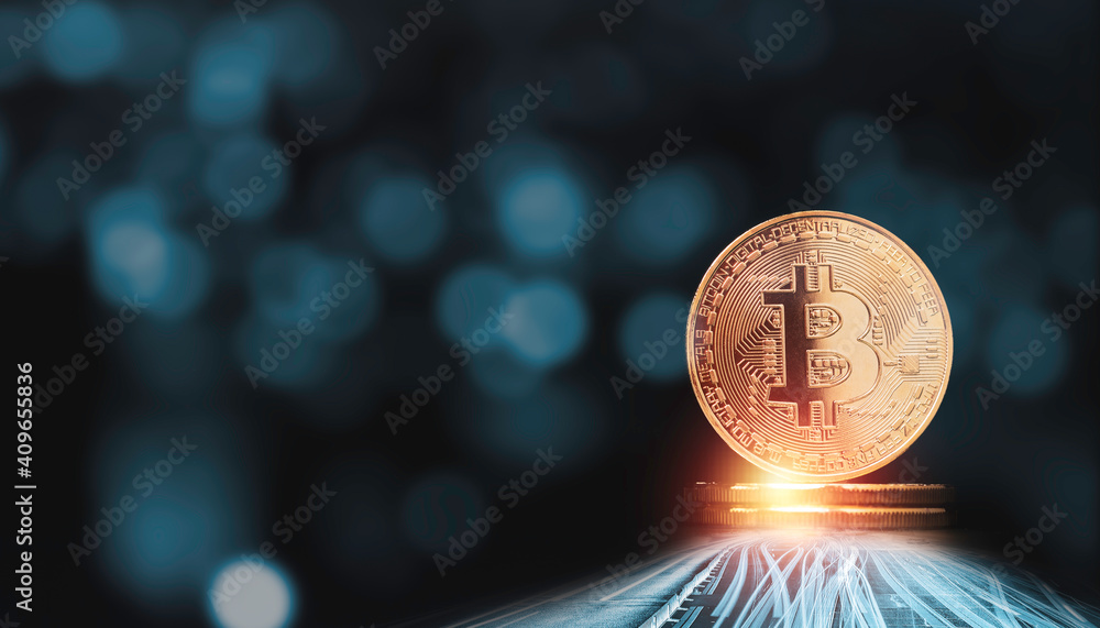 Poster golden bitcoins stacking on blue bokeh background. blockchain and digital crypto currency exchange c