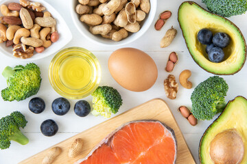 Top view of keto or ketogenic diet on white wooden background, low carb eating with high protein and good fat source