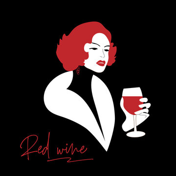 Retro woman with a glass of red wine in her hand. Vintage poster in the old style.