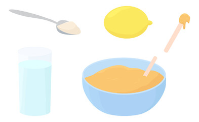 Illustration recipe of hair removal sugar paste for depilation isolated on white. Cup, spatula, spoon of sugar, glass of water, limon in cartoon flat style.
