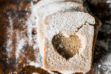 bread with flour on the table. Flat lay top-down