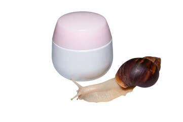 Skin rejuvenation cosmetics on white background with snail, cream with snail mucin, skin hydration, spa.
