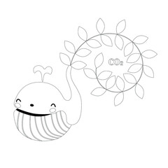 Protect ocean concept. During its lifetime, one whale consumes an average of 33 tonnes of CO2.Whale and plants. Vector. Word Whale Day, World Ocean Day, Earth Day.