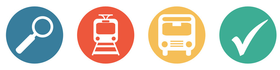 Bunter Banner mit 4 Buttons: Straßenbahn, U Bahn und Bus suchen - obrazy, fototapety, plakaty