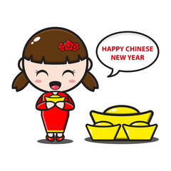 cute chinese girl holding gold in chinese new year