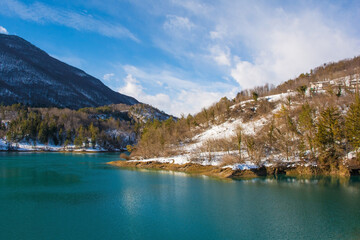 Winter at Verzegnis Lake or Lago di Verzegnis, an artificial lake in Carnia, Udine Province, Friuli-Venezia Giulia, north east Italy
