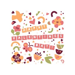 Happy Valentine's Day greeting card. Paper floral collage with abstract hand drawn flowers, butterfly, bird, hearts, and calligraphy lettering on white background. Cute doodle vector design.