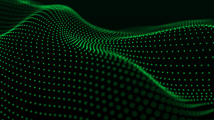 Background big data visualization futuristic technology. Abstract Music background. Beautiful motion waving dots texture with glowing defocused particles. 3d rendering