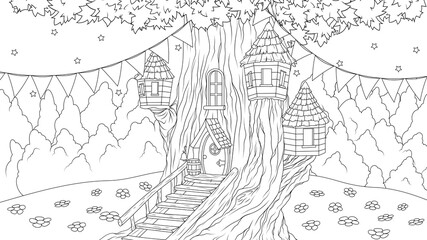 Vector illustration, fantasy house in an old tree for fairy tale characters