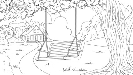 Vector illustration, Swing on a tree in the forest, house in the forest