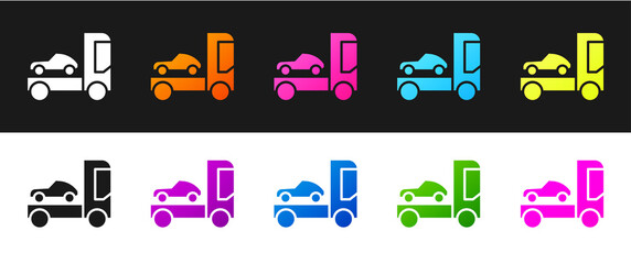 Set Car transporter truck for transportation of car icon isolated on black and white background. Vector Illustration.
