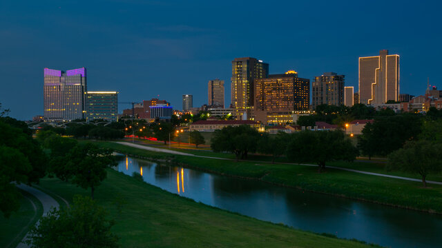 Fort Wroth Skyline At Night With Trinity Trail In Fort Worth,  Texas