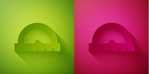Paper cut Protractor grid for measuring degrees icon isolated on green and pink background. Tilt angle meter. Measuring tool. Geometric symbol. Paper art style. Vector Illustration.