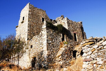 Stone tower at the medieval village of Vathia in southeastern Laconia, Peloponnese region, Greece.