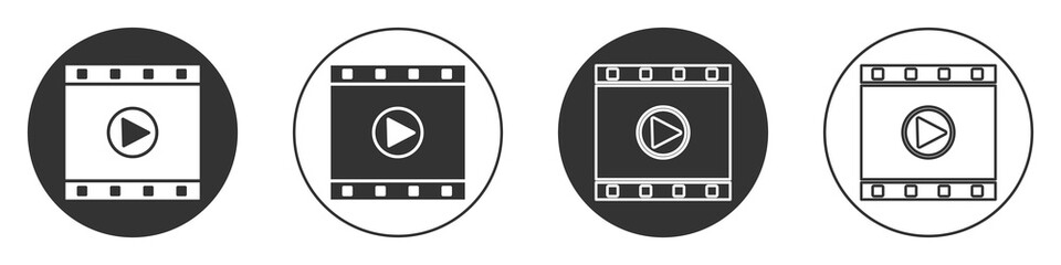 Black Play Video icon isolated on white background. Film strip sign. Circle button. Vector Illustration.