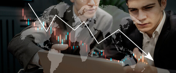 the fall of the financial economy on the stock exchange markets. copy space. social networks and the world map. network work. the concept of a startup. global connection.