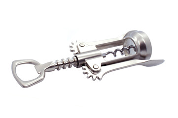 Corkscrew for wine made of stainless steel. Mechanical corkscrew isolated on white background. Side...