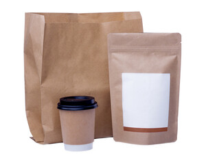 mock up of recycling  paper cup, paper bag, coffee bean bag on white background 