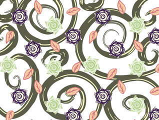 Patterns with beige and green roses on the isolated white background.