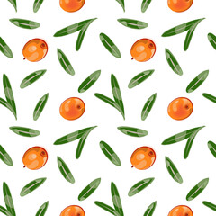 Color seamless pattern of leaves and sea buckthorn on a white background.