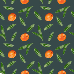 Color seamless pattern of leaves and sea buckthorn on a blue background