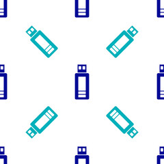 Blue USB flash drive icon isolated seamless pattern on white background. Vector.