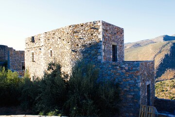 Stone house at the medieval village of Vathia in southeastern Laconia, Peloponnese region, Greece.