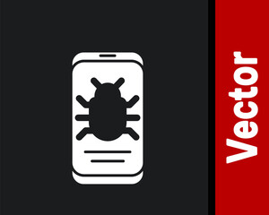 White System bug on mobile icon isolated on black background. Code bug concept. Bug in the system. Bug searching. Vector.