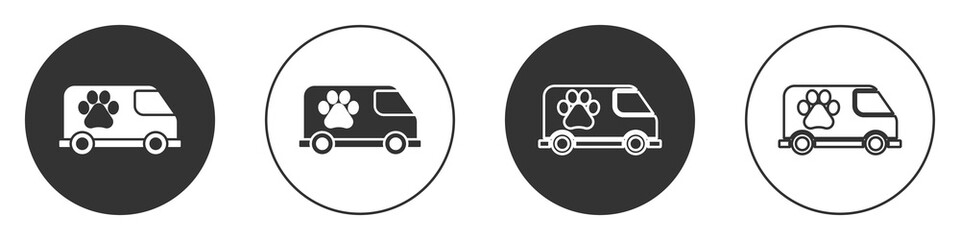 Black Veterinary ambulance icon isolated on white background. Veterinary clinic symbol. Circle button. Vector.