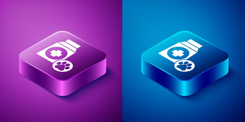Isometric Bag of food for dog icon isolated on blue and purple background. Dog or cat paw print. Food for animals. Pet food package. Square button. Vector.