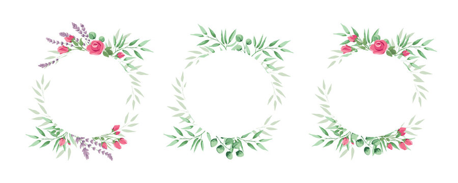 Green leaves, roses and lavender -- set of templates for invitations. Vector illustration, frame, backgrounds with design element in watercolor style.