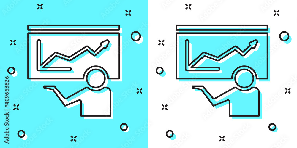 Poster black line training, presentation icon isolated on green and white background. random dynamic shapes